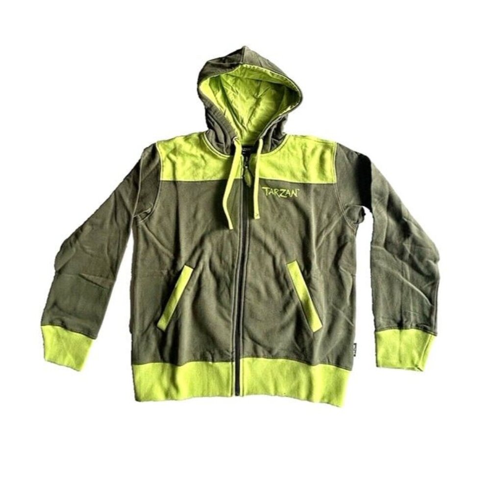 Vtg Med 90s Disney Tarzan Green Color Blocked Full Zip 100% Cotton Hooded Jacket